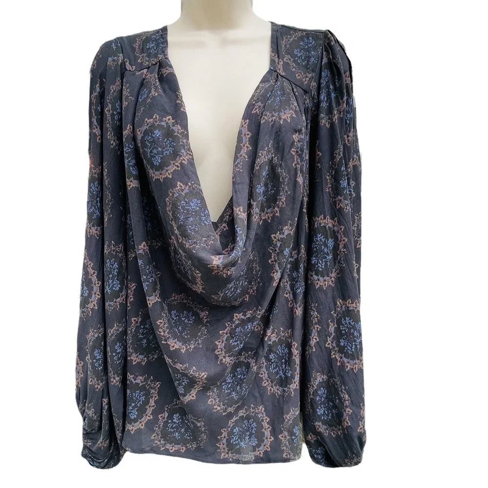 Free People Cowling Around Blouse Midnight Floral Cowl Neck Balloon Sleeve 7076